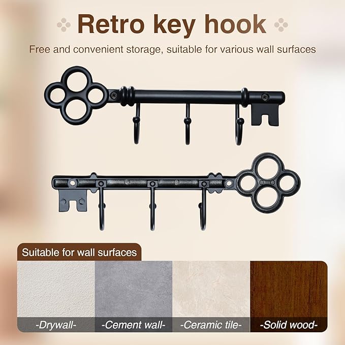 Classic Wall Mounted Key Holder Hook Rack, Vintage Key Rack for Entryway (Black)
