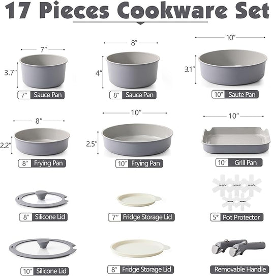 SENSARTE 17 Piece Ceramic Pots and Pans Set, Nonstick Detachable Handle Cookware, Induction Kitchen Cookware Set with Removable Handle, Dishwasher & Oven Safe (Gray)