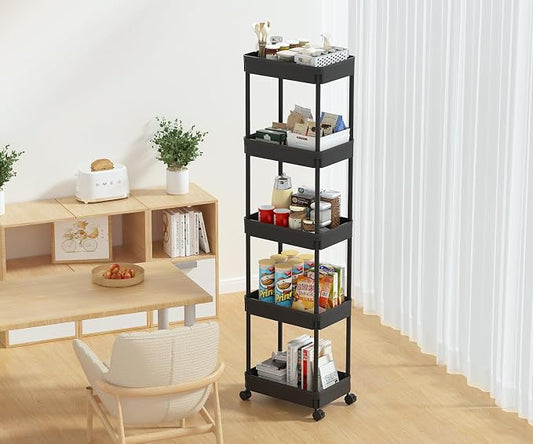 Sooyee 5-Tier Plastic Rolling Utility Cart with Wheels, Multi-Functional Storage Trolley for Office, Living Room, Kitchen, Movable Storage Organizer, Black