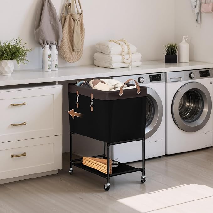 StorageWorks Laundry Cart, 2 Tier Rolling Laundry Basket, Heavy Duty Laundry Basket with Lockable Wheels, Laundry Room Organization and Storage, Clothes Hamper for Bedroom, Dorm, Closet, 29Gal, Black