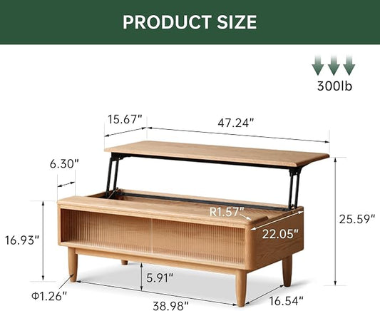 Wood Lift Top Coffee Table, 100% Solid Oak Wood Log Color Coffee Table with Glass Sliding Door, Rectangular Coffee Tables with Storage for Living Room Home Decor(47.24" W)