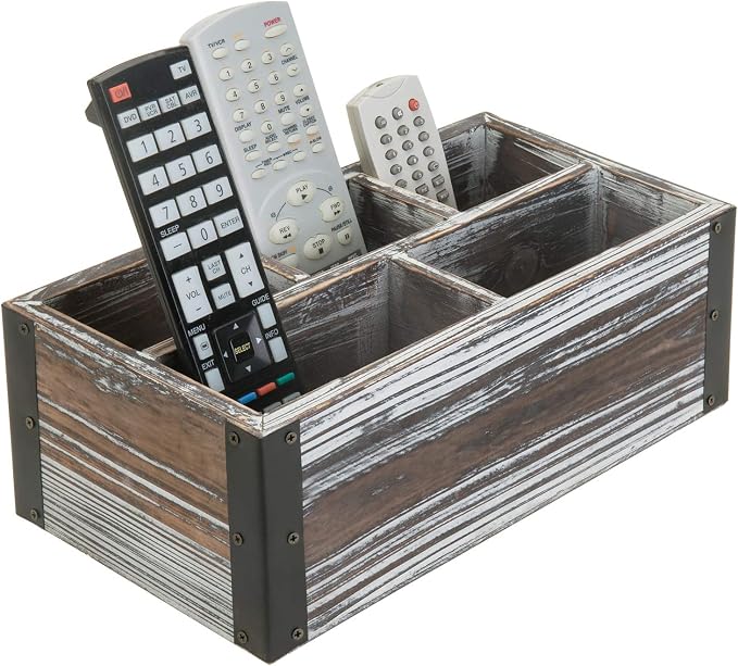 MyGift Remote Control Holder with 5-Compartment, Media Storage Organizer Remote Caddy with Black Metal Corner Wraps, for Table, Desk, Rustic Torched Wood