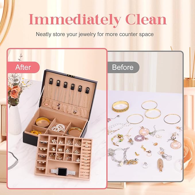 Gifturbo Jewelry Boxes for Women, 2-Layer Jewelry Organizer Box with Removable Tray, PU Leather Jewelry Storage Girls, Modern Style for Rings Earrings Necklace Bracelets, Gift Idea, Black