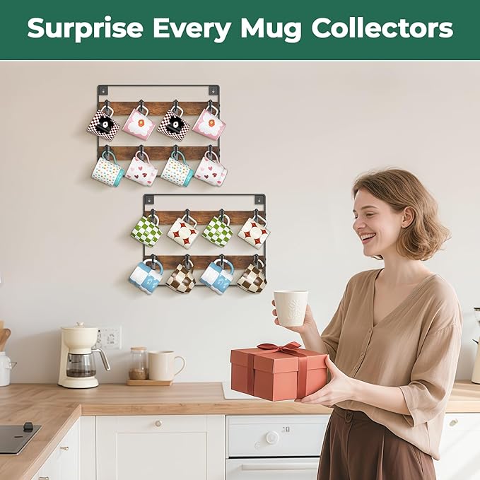 EsLuker.ly Mug Holder Hanger Rack Wall Mounted Wooden 2 Pack Coffee Cup Storage Organizer Display Shelf with 16 Movable Plastic Hooks, Ideal for Mug Collectors