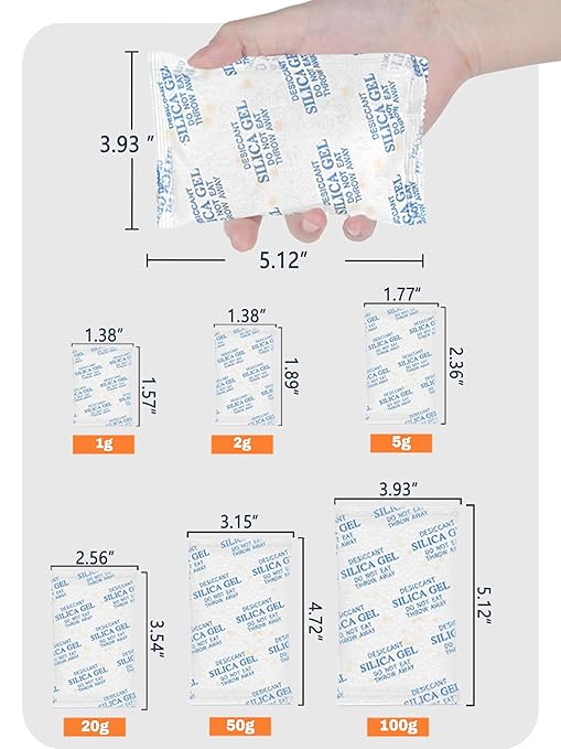 5 Gram (20 Pack) Color-Indicating Silica Gel Packets, Premium Food Grade Desiccant - Rechargeable Moisture Absorbers for Food Storage, Electronics, 3D Filament & Safes