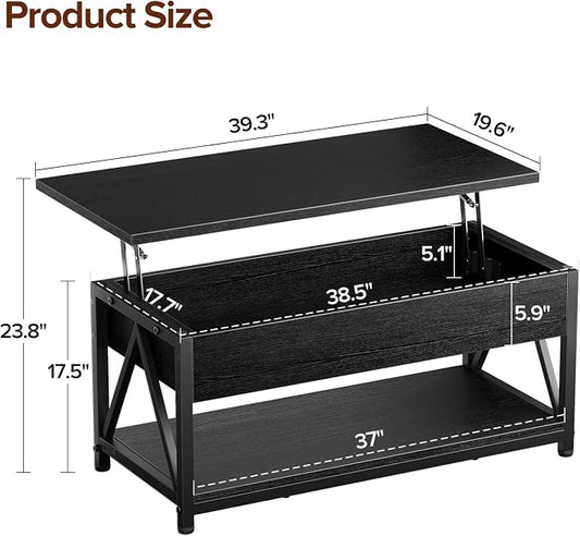 Memobarco Lift Top Coffee Table,Lift Coffee Tables with Storage Shelf and Large Hidden Compartment for Living Room,Lifting top Coffee Table for Small Space,Black
