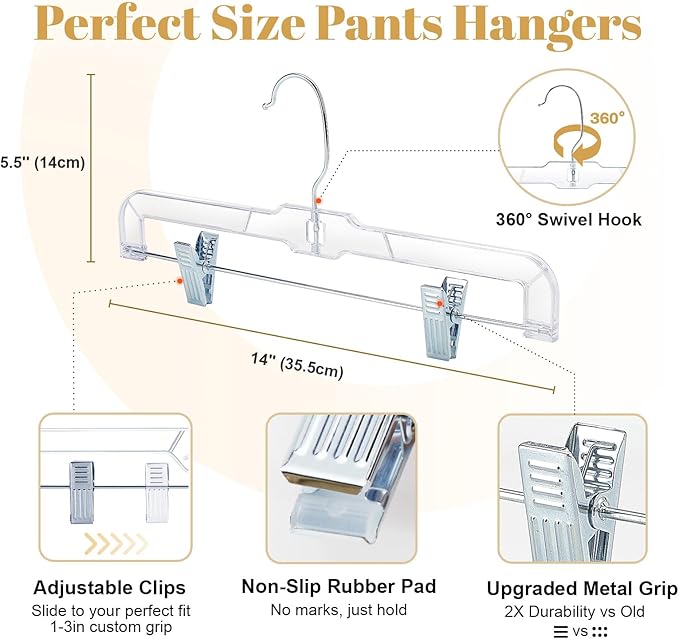 HOUSE DAY 100 Pack Skirt Hangers with Clips, Clear Plastic Pants Hangers with 2-Adjustable Clips,Non-Slip Clip Hanger for Pant, Skirts, Shorts, Bulk Retail Hanger