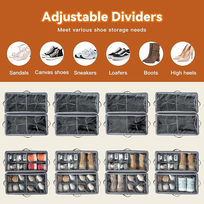 2 Pack Shoe Organizer for Closet, Space Saving, Beige | Fits 16-32 Pairs, Adjustable Dividers, Clear Cover, Reinforced Handles, Stackable & Foldable Shoe Storage Box