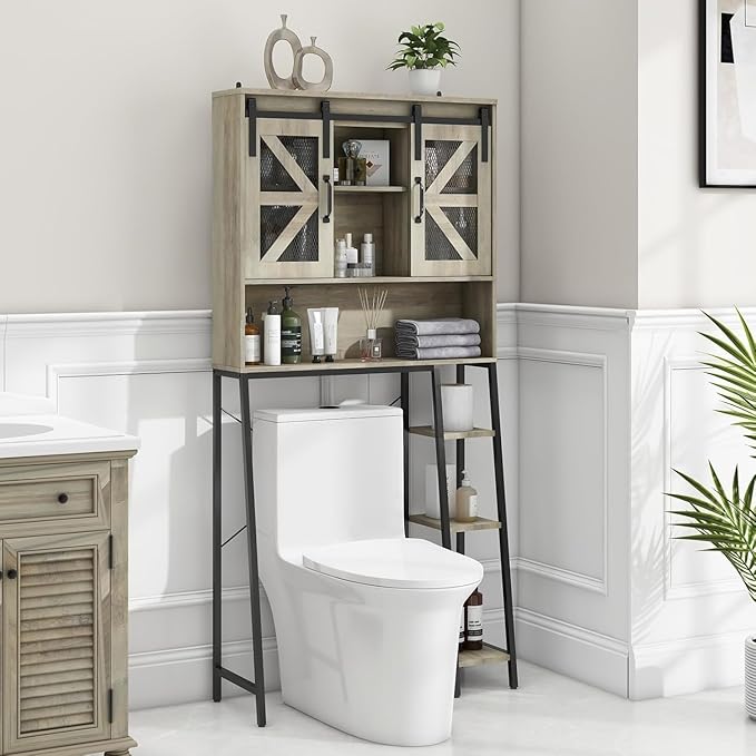 Vabches Over The Toilet Storage Cabinet, Farmhouse Storage Cabinet Over Toilet with Sliding Barn Door,Home Space-Saving Toilet Rack, for Bathroom, Restroom, Laundry(Grey).