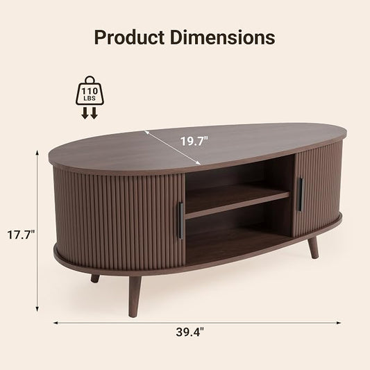 Seang Fluted Coffee Table with Storage,39" Oval Coffee Table with Dual Sliding Doors,Wooden Center Table for Living Room Home Office,Walnut