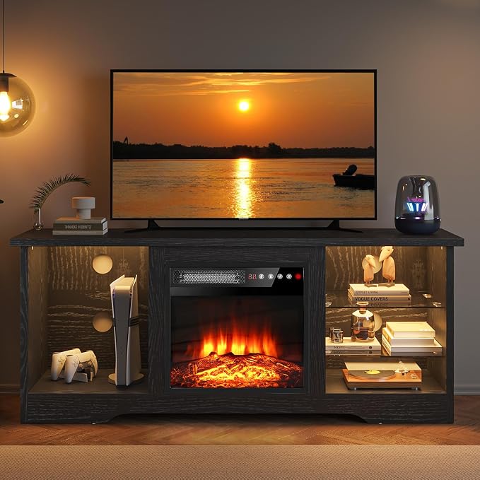 VITESSE 58 Inches Fireplace TV Stand for TVs up to 65 Inches Console with 18'' Electric Fireplace & Remote,Wooden Modern Entertainment Center for Living Room with LED Light Glass Shelves(Black)