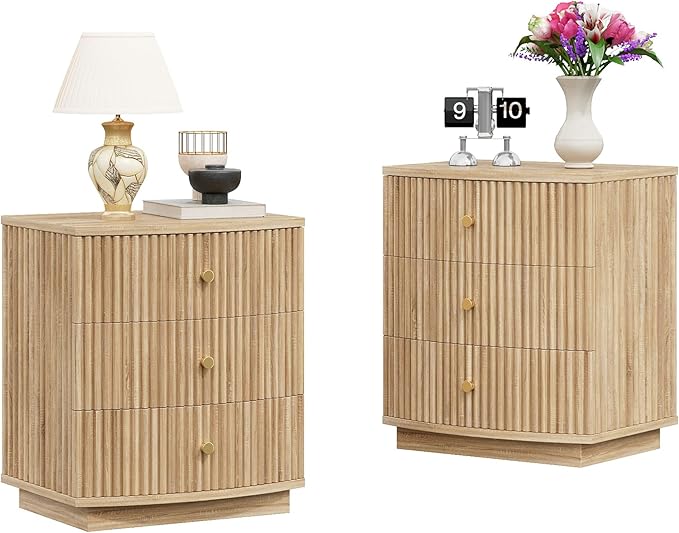 Dresser for Bedroom,3-Drawer Dresser, Mondern Wide Chest of Drawers with Fluted & Curved Design, Large Storage Chest for Bedroom, End Table for Living Rooms, (Natural)