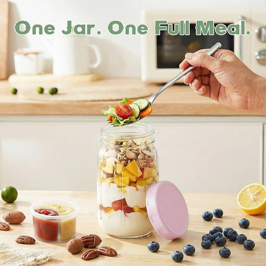 Salad Jars with Lids Meal Prep Containers Glass - 32oz Leakproof Mason Jars Salad Containers with Dressing Cup for Lunch Bentgo, Full Meal Salads Lunch Containers with Spoon Forks for Adults