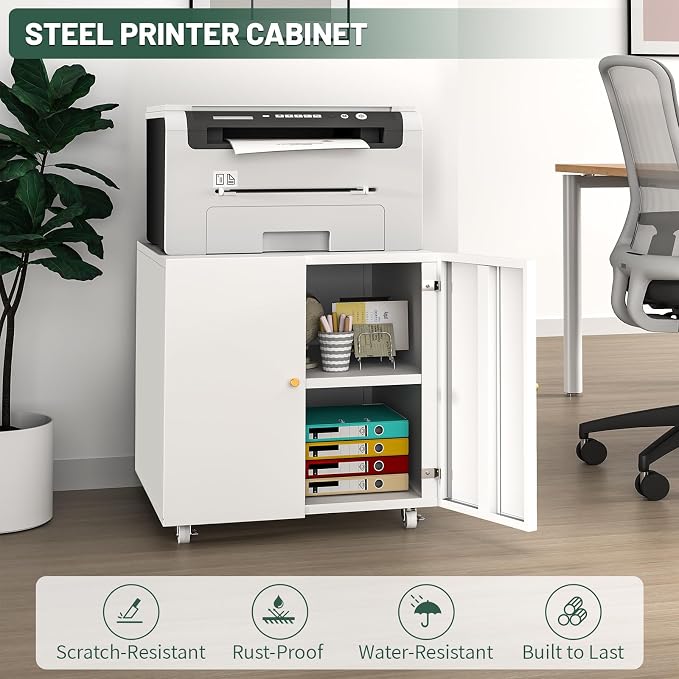 Printer Stand with Storage Cabinet with Wheels,3D Heavy Duty Metal Large Printer Table with Adjustable Shelf for Home Office, Mobile Printer Cart,White,23.6" H