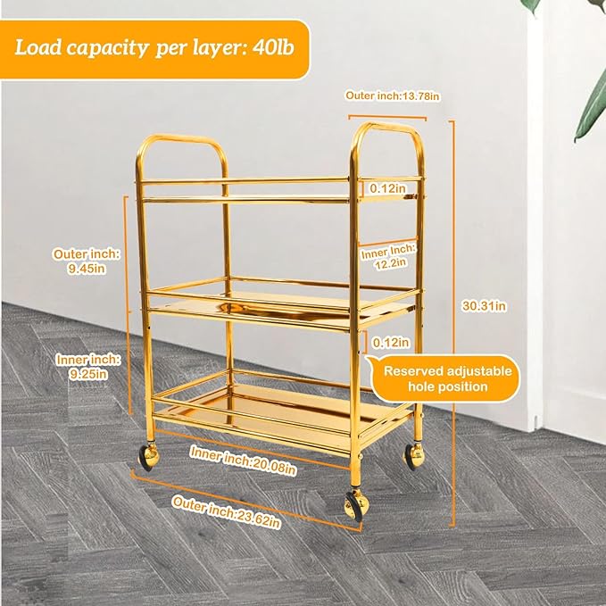 Gold 3 Tier Rolling Cart,Side Table with Wheels, Stainless Steel Trolley cart,End Table Living Room Coffee, Snack, and Bar, Easy Assembly Organizer Storage