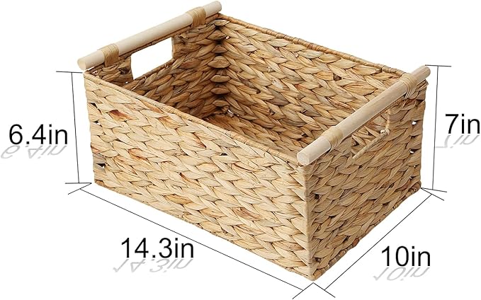 BSTNASI Large Rectangular Wicker Basket With Built-in Wooden Handles, Water Hyacinth Woven Basket for Organizing, Utility Shelves, Towel Storage Basket