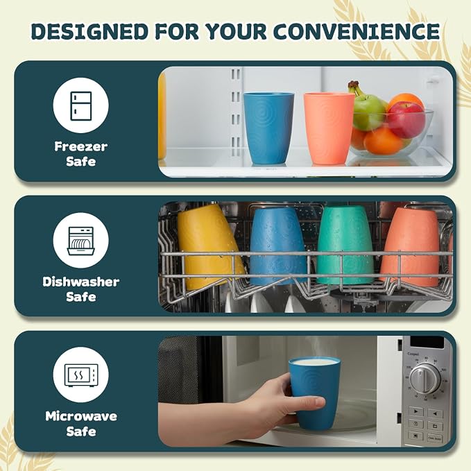 Wrova Wheat Straw Cups Set Alternative to Plastic Cups 16 oz, Reusable Drinking Water Glasses Set of 8, Dishwasher Safe Kitchen Cup Sets for Juice,Coffee,Milk- Vibrant