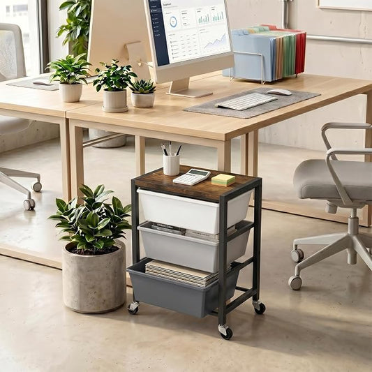 Rolling Cart with 3 Drawers, Plastic Drawer Storage Carts with Lockable Wheels & Wooden Tabletop, Metal Art Craft Utility Cart Organizer for Home Office Bedroom Dorm Bedside Classroom, Dark Gray