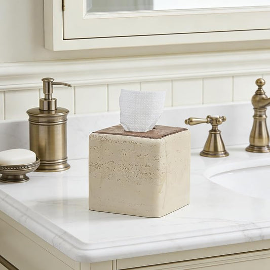 Natural Travertine & Wood Textures Tissue Box Cover Square for Home Decor,Resin Heavy Tissue Box Holder for Bathroom Countertop,Tabletop,Bedside Table,Office (Handmade of Resin)