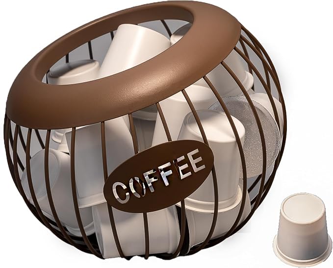 Brown Coffee Pod Holder Basket Compatible with Nespresso Vertuo & K-Cup, Metal Wire Coffee Capsule Organizer for Countertop Storage, Holds Up to 30 Vertuo Pods or 18 K Cups