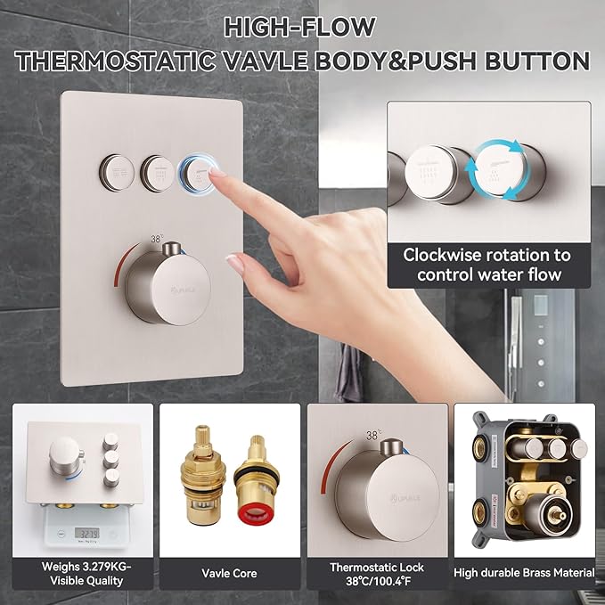 Thermostatic Rain Shower System, 12 Inch Wall Mounted Shower Faucet Set with 6 Body Spray Jets and Valve, Can Control Water Flow and Run All Together, Brushed Nickel