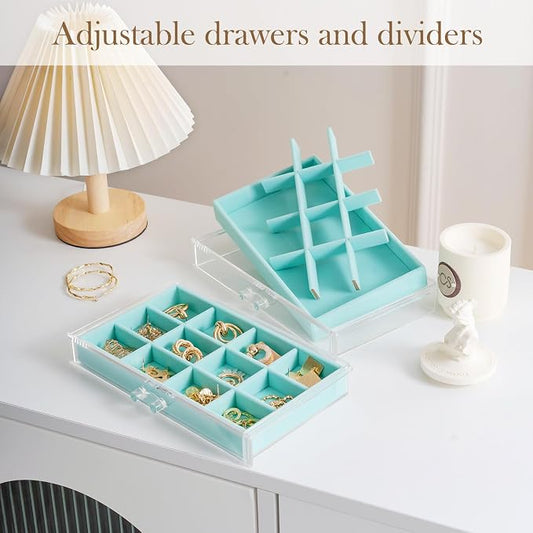 Lolalet Earring Holder Organizer Box Jewelry Storage with 4 Drawers, Clear Acrylic Stackable Earring Case with Adjustable Velvet Trays for Women on Dresser Vanity -Aqua, 4 Layers