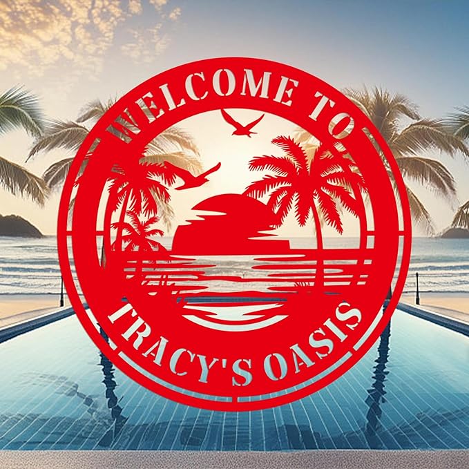 Custom Palm Tree wall Art Sunshine Palm Tree Beach House Metal Wall Art Personalized Ocean Waves Pool Name Sign Home Decor Patio Decoration Birthday Family Pool Home décor Tree House Sign