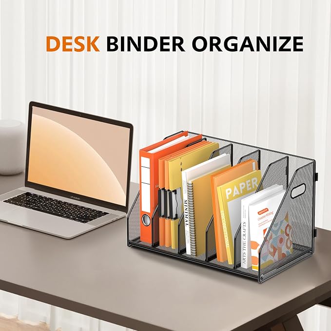 SUPEASY Binder Organizer, Magazine File Holder with 5 Vertical Compartments Rack, Metal Desk File Organizer & Binder Holders, Magazine Organizers for Office Desktop, Home, School, Classroom (Black)