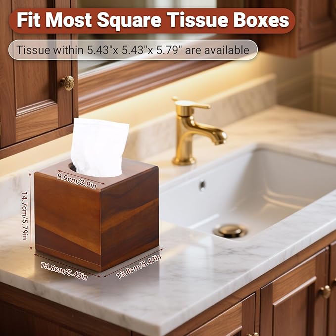 2 Pack Wooden Tissue Box Cover Square - Acacia Wood Tissue Box Holder for Tabletop Stands Bathroom Office- Decorative Facial Wood Tissue Box Cover for Modern Farmhouse Decor (Walnut)