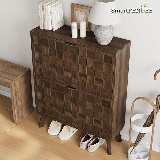 29.5“W Shoe Cabinet with 2 Embossed Checkerboard Pattern Flip Drawers, Freestanding Shoe Storage Cabinet with Solid Wooden Legs, Hidden Shoe Organizer for Entryway, Hallway, Walnut