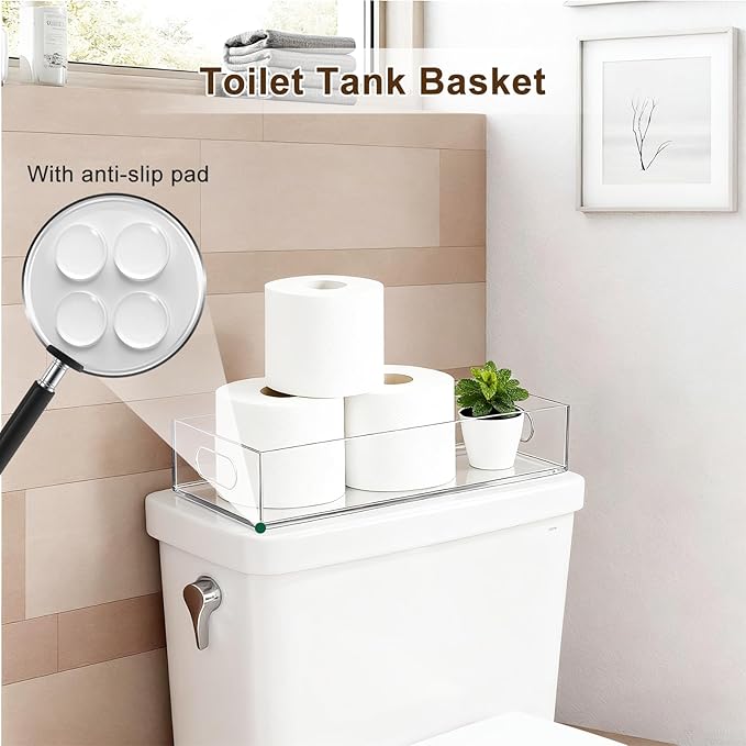 Acrylic Tray 2 PCS Toilet Tank Tray Toiletpaper Basket Back of Toilet Organizer,for Bathroom Organization Clear Decor and Countertop Storage