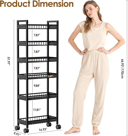 6 Tier Slim Storage Cart, Narrow Rolling Cart with Wheels, Narrow Mobile Utility Shelf Unit Organizer for Kitchen, Bathroom, Laundry Room, Living Room, Small Places, 6in(W), Black