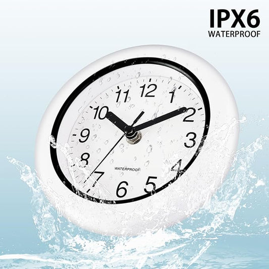 Caysie 6.5 Inch Sealed Small Indoor Outdoor Clock Waterproof, Hanging or Standing Silent Battery Operated Wall Clocks for Pool Patio Bathroom Shower (White)