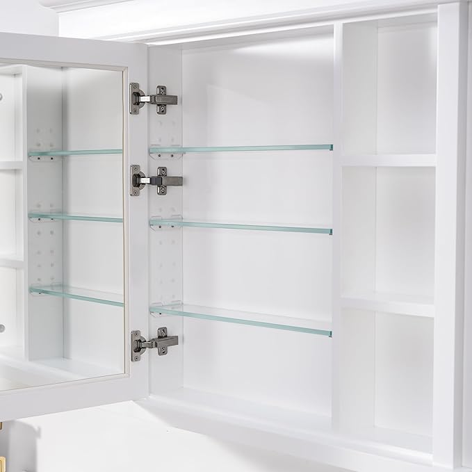 WELLFOR40 x 32" Bathroom Medicine Cabinet with 3-Tier Adjustable Shelves, Recessed Solid Wood Medicine Cabinet with Mirrors, Wood Miiror Cabinet with 1 Soft-Close Door and Open/Built-in 7 Shelves