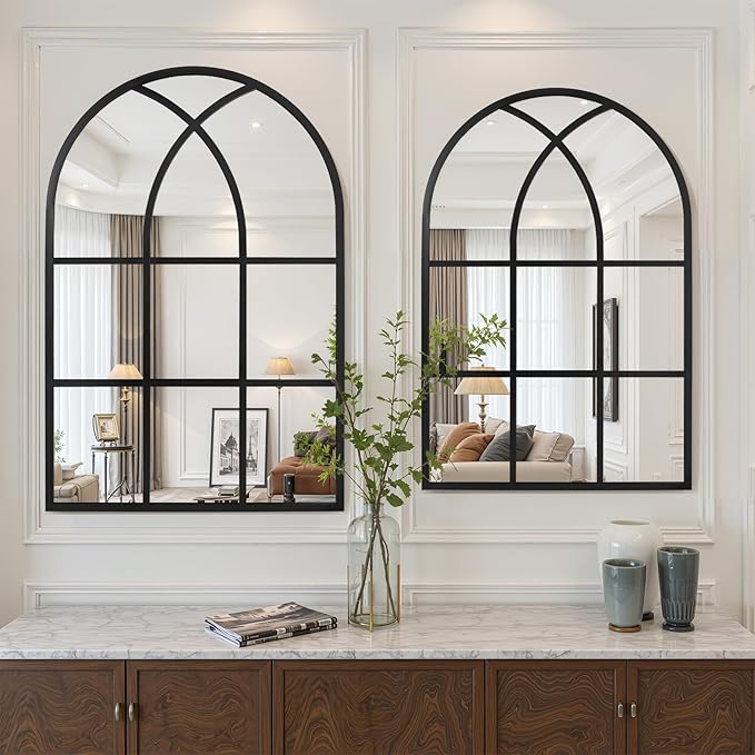 Arched Window pane Wall Mirror 24"x36", Window Shaped Farmhouse Style with Aluminum Frame, Decorative Wall Mirror Leaning Hanging for Living Room, Courtyard, Bedroom, Entryway, Black