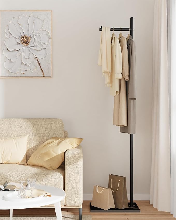 Yawinhe Metal Coat Stand, Coat Rack with Rock Base, L Shaped Freestanding Hall Tree, Clothes Hanger Stand Suitable for Bedroom, Hallway, Entrance,68.5 Inches High,Black
