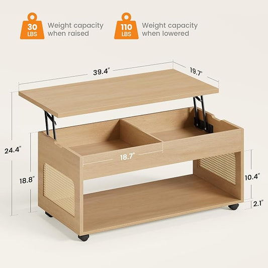 Sikaic Lift Top Coffee Table with Storage, Boho Rattan Convertible Coffee Tables with Lockable Wheels, Hidden Compartment and Open Shelf, Center Table for Living Room, Bedroom, Dining Room, Natural