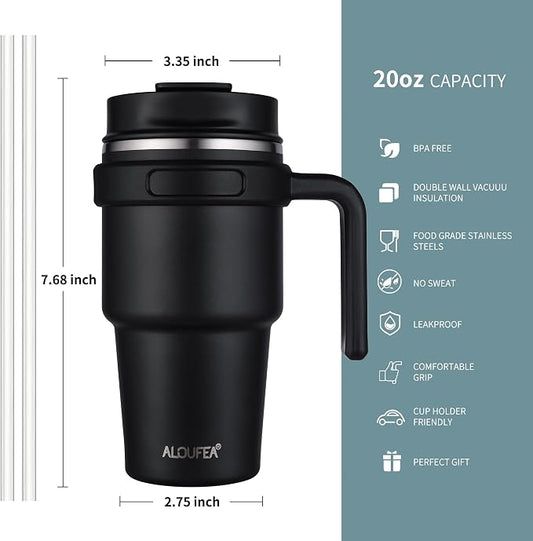 20 oz Insulated Coffee Mug Tumbler with Handle, Stainless Steel Travel Mug Tumbler with Lid and Straw, Double Wall Vacuum Leak Proof Ice Coffee Thermal Cup, Lavender Glitter
