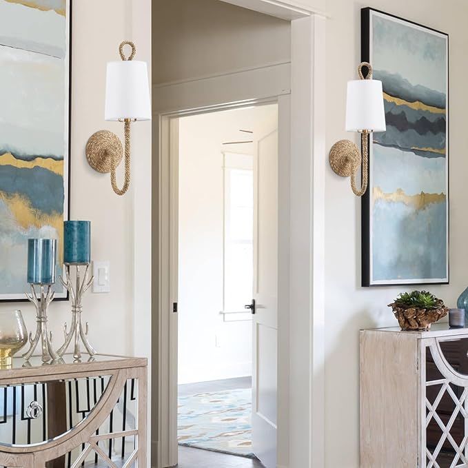 Natural Rattan Wall Sconce Set of 2, with Boho Woven Wicker and Creamy-White Fabric Shade for Vanity Stairway Fireplace Living Room Bedside Passway Hallway