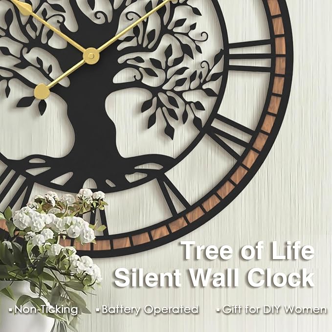 Micasso Non-Ticking Large Wall Clock: 21Inch Tree of Life Metal Black with Solid Wood Frame - Battery Operated Silent Clock for Living Room/Office/Bedroom/Kitchen - Home Decor for Trendy Fashionistas