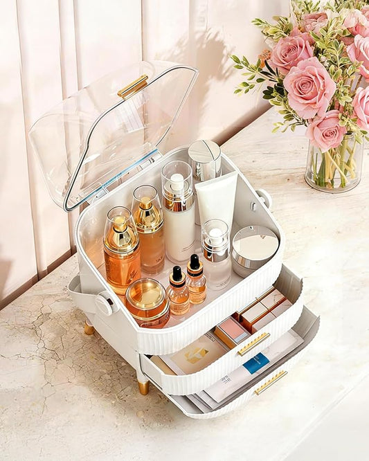 Makeup Organizer and Storage for Bathroom Vanity Countertop, Portable Travel Cosmetic Display Cases with Lid and Drawers, Gift for Women and Girls -White
