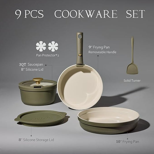 Carote 9pcs Ceramic Cookware Set with Detachable Handles, Pots and Pans Set Non Stick, RV Kitchen Cooking Pot and Pan, Dishwasher Safe, Non-toxic Induction Cookware PFAS and PFOA Free, Green