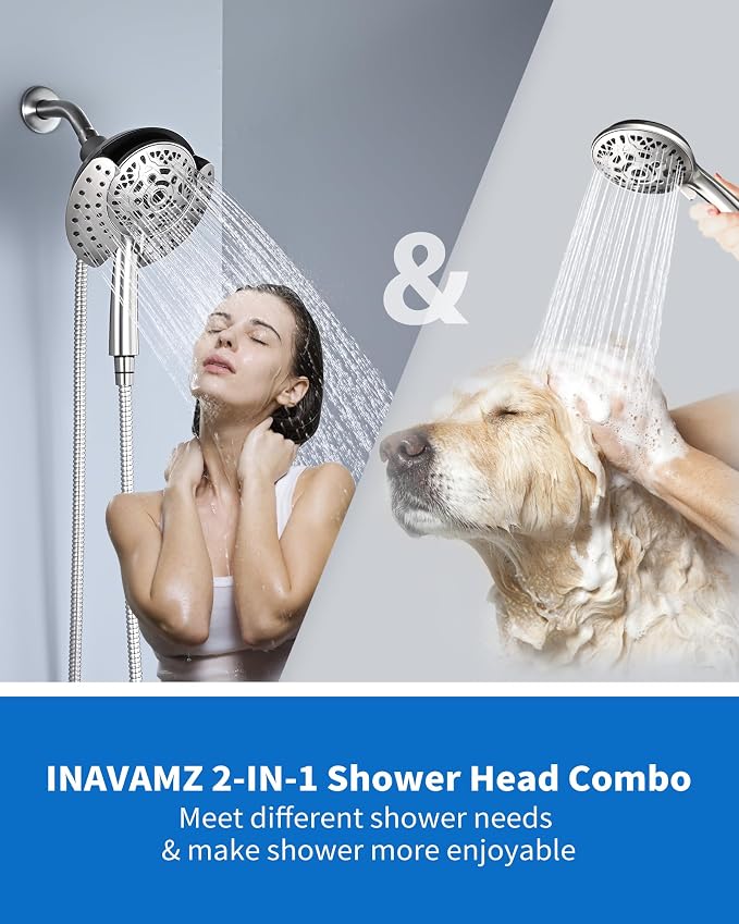 INAVAMZ Shower Head with Handheld High Pressure: Hand Held Shower Head & Rain Shower Head 2-IN-1 Shower Head with 59" Rotatable Stainless Steel Hose, Shower Trim Systems, Nickel 1.8 GPM 15391