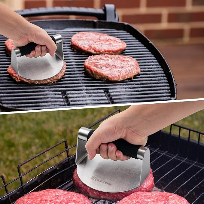 Husfunov Stainless Steel Burger Press, 5.5 Inch Round Smasher,with Anti-Scald Handle,Non-Stick Smooth Hamburger Press,Flat Bottom, for Cooking Burgers, Bacon, Ground Beef, Meats, Sausage and So On