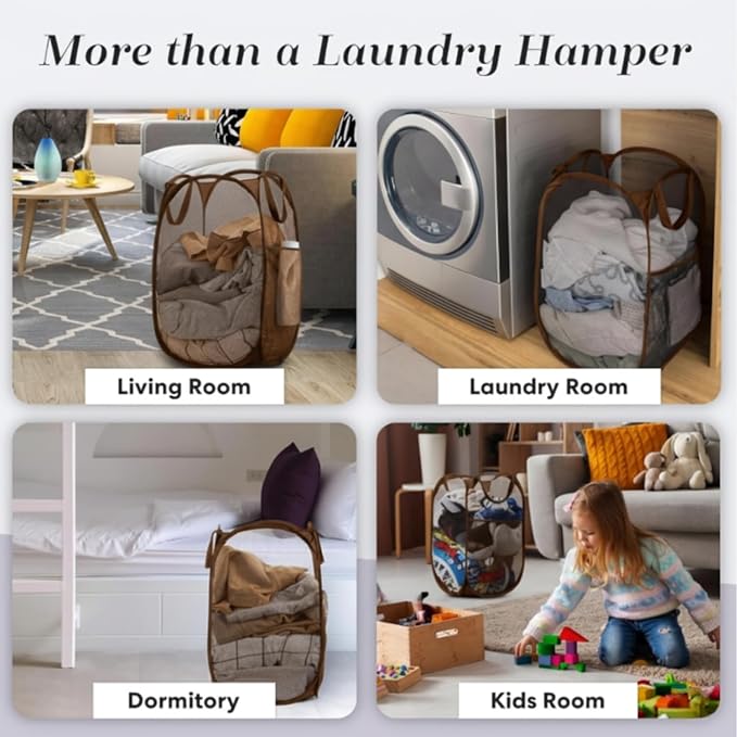 Handy Laundry Collapsible Mesh Pop Up Laundry Hamper with Side Pocket, Breathable & Space-Saving Foldable Basket for Clothes, Toys, Travel, Storage, 14 x 13 x 24 in, Brown