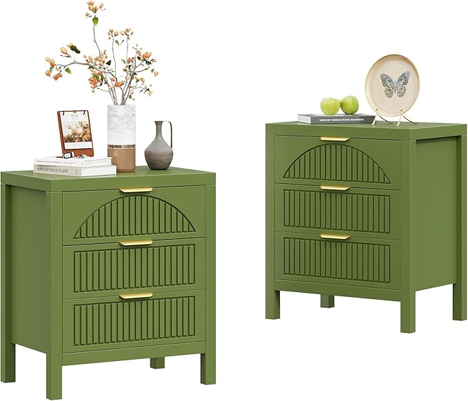 6 Drawer Dresser, Farmhouse Fluted Chest of Drawers, Wooden End Table, Mid- Century Modern Bedroom Nightstand Side Table for Bedrooms, Closets, Hallways, and Entryways, Green X2