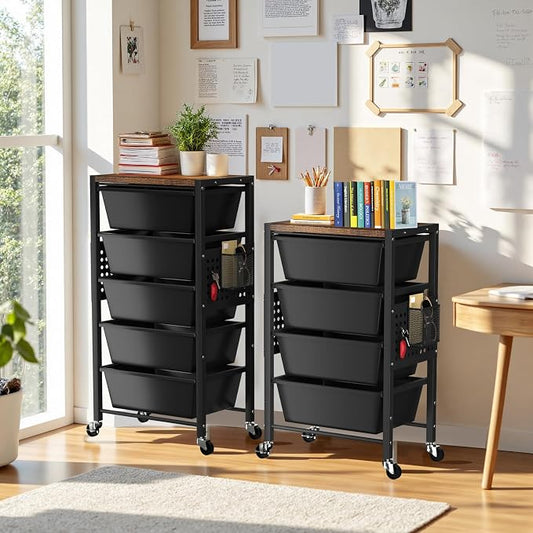 Rolling Cart with 5 Drawers, Plastic Drawer Storage Carts with Wheels & Wooden Tabletop, Metal Utility Cart with Pegboards, Office Living Room Classroom Craft Organization and Storage, Dark Black