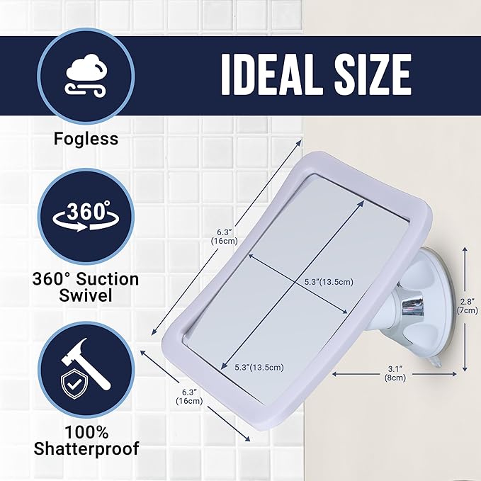 MIRRORVANA Fogless Shower Mirror with 360° Suction Cup - Anti Fog & Mist Free Shatterproof Shaving Mirror for Bathroom - 16cm x 16cm (Pure White)