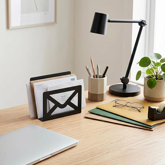 MyGift Black Metal Desktop Mail Holder with Cutout Envelope Design Home and Office Desk Letter Organizer