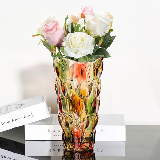 CEMABT 9.5inch 3.4 lb Glass Vases for Flowers Unbreakable Thickened Morden vase for Tables Centerpieces,Colorful,Vintage and Clear Rose Large Flower vases for Bouquet Unique Gifts(Rosa Colorful)